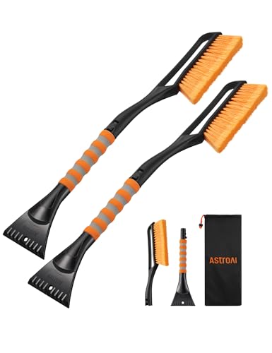 AstroAI 2 Pack 27' Snow Brush and Ice Scrapers for Car Windshield, Detachable Snow Scrapers with Ergonomic Foam Grip for Cars, Trucks, SUVs (Heavy Duty ABS, PVC Brush, Orange)