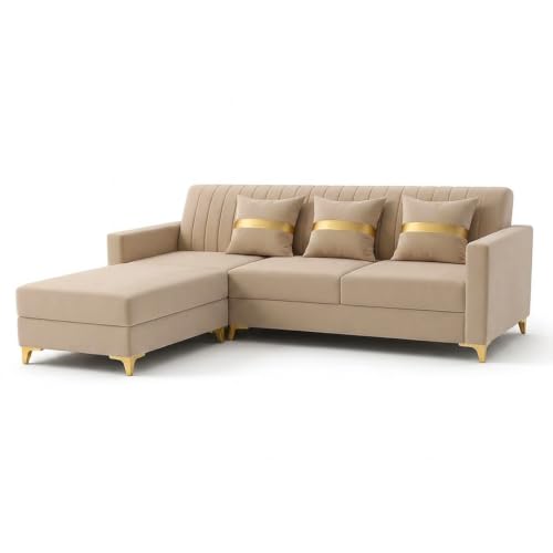 Image of CASASTYLE Signature Groovy 4-Seater L-Shape Sofa Set with Movable Ottoman | Flexible LHS /RHS Layout | Smooth Boston Fabric & Plush Cushions | 40D Foam + Zigzag Spring | 3-Yr Warranty (Beige)