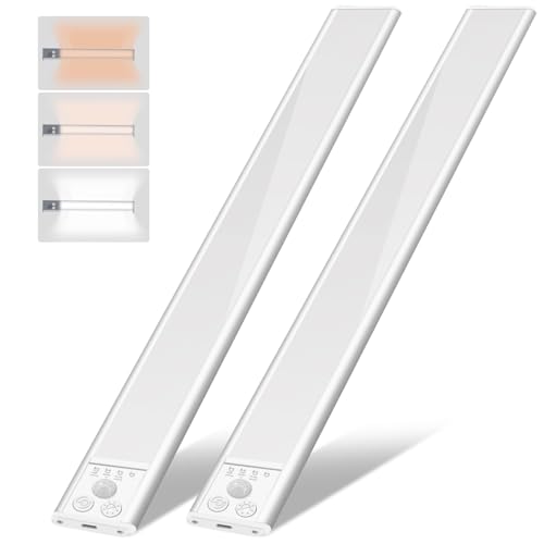 Under Cabinet Lighting Wireless, 60-LED Dimmable Motion Sensor Light Indoor, 12 inch 2000mAh Rechargeable Cabinet Lights, 3 Color Under Counter Lights for Kitchen (2 Packs)