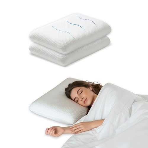 Image of Memory Foam Cervical Pillow Set of 2, 50x30x6 cm White Contour Support for Sleeping, Breathable Jacquard Outer Cover with Zipper, Orthopedic Bedding for Side Sleeper and Spine Alignment