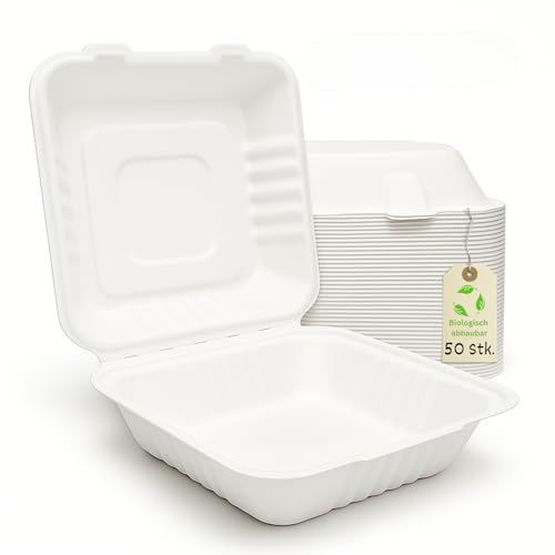 Greenkaufen Bio (50 Stück) Bagasse Einweg Warmhalte- Hamburger Box Giant XXL, 200x215x80 mm, weiß Menüboxen un-geteilt, Snackboxen,umweltfreundiche biologischabbaubar Verpackungsboxen (1)