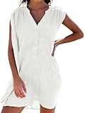 JFAN Camisolas Playa Mujer Verano Vestido de Playa Cuello V Camisa Sin Mangas Suelta de Bikini Cover Up Beachwear(Blanco,Talla única)