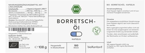 Borretschöl Kapseln BIO 180 Stück vegane Kapseln | mit 500 mg bio Borretschöl nativ und kaltgepresst von bioKontor