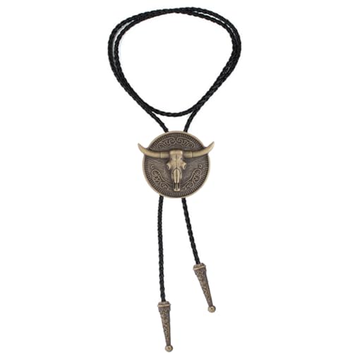 Image of GelConnie Longhorn Bull Bolo Tie for Men Native American Western Cowboy Leather Necktie Bolo Necklace for Women Gold Texas