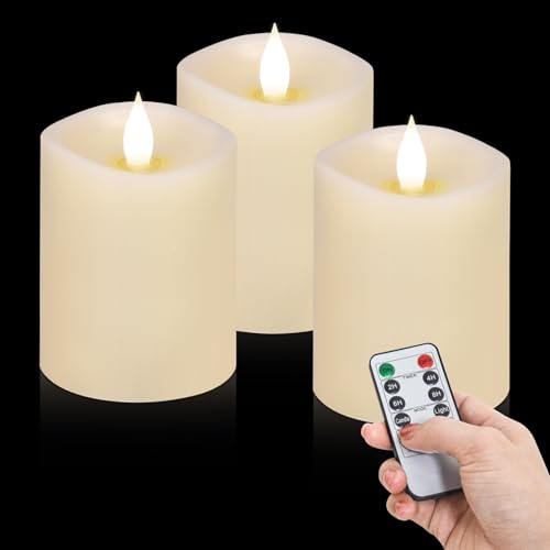 Image of 3x4 Flickering Flameless Candles Set of 3,Real Wax Pillar LED Candles,with Timer,4 inch Flameless Candles with Remote,for Party Wedding Holiday Home Decor,Ivory