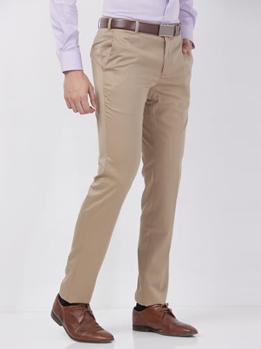 Image of Raymond Men Slim Fit Solid Pattern Poly Viscose Blend Flat Front Formal Trouser