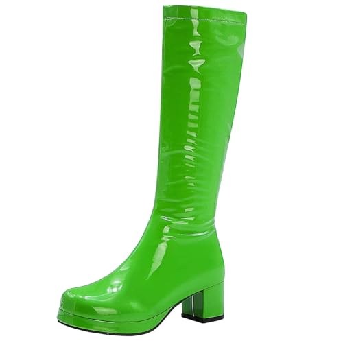 Agodor Women's 70's Gogo Boots For Women Low Block Heel Chunky Knee High Platform Boots with Zipper Disco Costume Tall Boot (US 6.5, green)