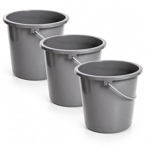2friends Putzeimer 10l Haushalteimer, Eimer 3er Set, Wischeimer mit Meßskala und Metallgriff, Putzkübel aus Kunststoff, Plastikeimer ohne BPA, Wascheimer grau, vielseitig und robust, Made in EU