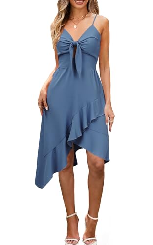 Image of ECOWISH Polka Dot Women Summer Dresses Casual Midi A Line Ruffle High Low Sleeveless Boho Floral Halterneck Cocktail Sundress