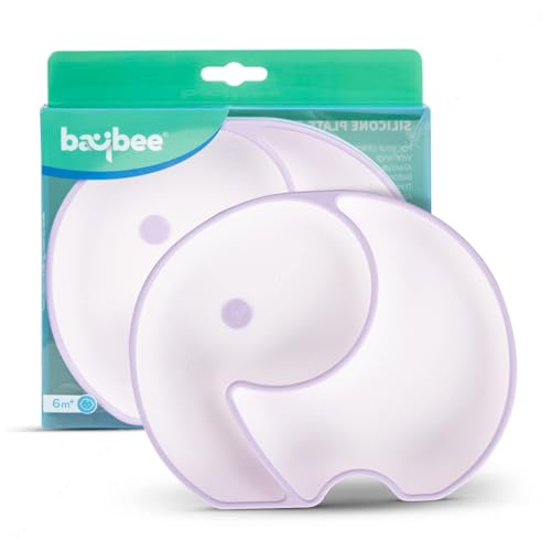 Image of BAYBEE Elephant Silicone Divided Baby Plate with 2 Training Spoons | Baby Feeding Set for Toddlers & Kids | Suction Plate and Spoon Combo for Boys & Girls | Tableware Set for Boys & Girls (Purple)