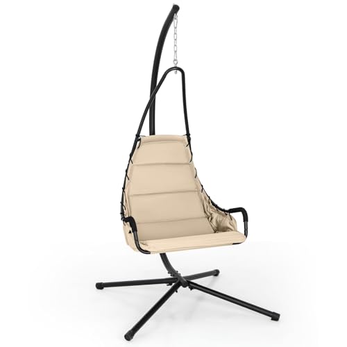 RELAX4LIFE Columpio Jardin Exterior, Silla Hamaca Colgante con Estructura de Metal y Asiento Acolchado para Interior/Exterior, Silla Colgante para Balcón, Jardín y Terraza, Carga 120kg (Beige)