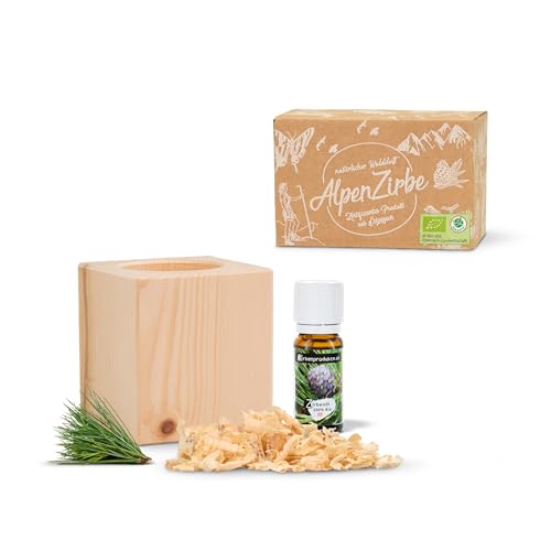 Zirbenwürfel Set mit 10ml Bio-Zirbenöl und 10g Zirbenspäne - luftgetrocknetes Zirbenholz