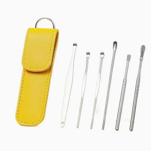 Ear Care Tool Kit, 6 Piece Stainless Steel Earpick Set with Yellow Leather Case, Ear Wax Removal Cleaner Spoon for Baby and Adults
