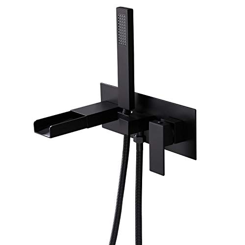 Thallo Waterfall Wall Mounted Tub Filler Faucet with Handshower in Matte Black Solid Brass