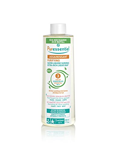 Puressentiel - Eco recharge savon liquide surgras aux 3 Huiles essentielles BIO - Antibactérien - Visage, mains et corps - Peaux sèches, sensibles et réactives - Nettoie & Protège - 500ml