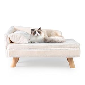 COSTWAY Katzensofa Luxus, Katzenbett erhöht, Katzencouch mit 2 abnehmbaren Kissens, Rückenlehne & Holzbeinen, Katzensessel Haustiersofa Weich, für mittelgroße & kleine Katzen, Hundesofa Indoor, Weiß