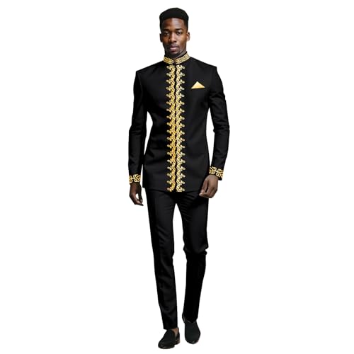 African Clothes for Men Regular Fit Casual Embroidery Blazer and Pants 2 Piece Linen Suits Set4