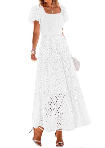 Image of PRETTYGARDEN Summer Dresses for Women 2026 Eyelet Square Neck Puff Sleeve Smocked Wedding Guest Maxi Dress with Pockets