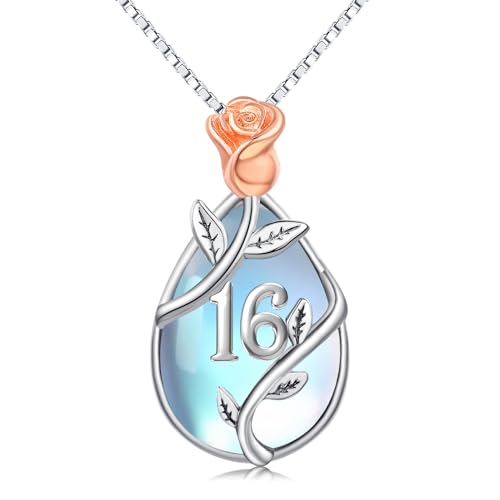 18th/10th/11th/12th/13th/15th/16th/21th/30th/40th/50th/60th/70th/80th Birthday Gifts for Women Daughter 925 Sterling Silver Moonstone Rose Flower Pendant Necklace for Wife Mom Christmas Jewelry