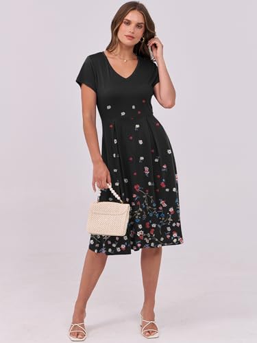 Image of ANRABESS Women Summer Dress Casual Short Sleeve V Neck A-Line Knee Length Pleated Flowy 2026 Fashion Midi Dresses with Pocket