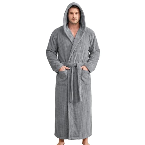 PJGGZ Bathrobes for Men Full Length - Soft Absorbent Long Towel Robes with Hood (Available for Big and Tall)(Grey,L/XL)
