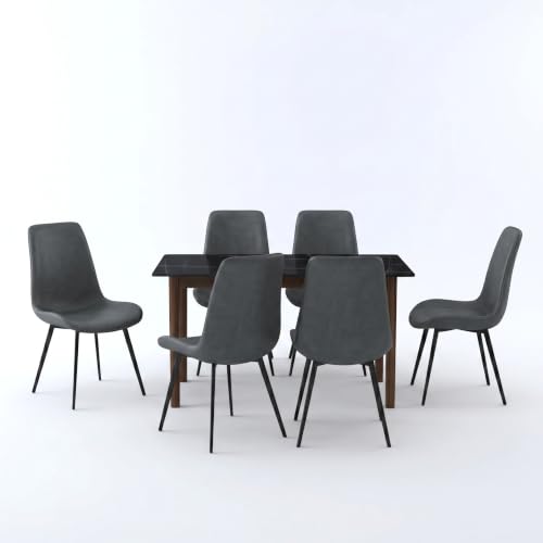 Image of Nebula Six Seater Faux Marble Dining Set | 15mm Sintered Stone Dining Table | Upholstered Metal Chairs | Solid Wooden Frame |Galaxy Black (DIY Assembly)