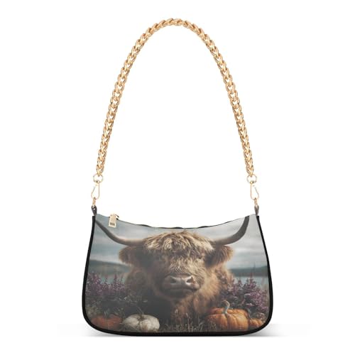 Shoulder Bags for Women Highland Cow Tote HandBag Shoulder Bags purse with Chain Zipper Closure