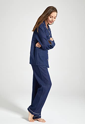 Image of Womens Muslin Pajama Set 100% Cotton Double Gauze Linen Like | Breathable Soft Comfort Button Up Loungewear Sleepwear PJ Set