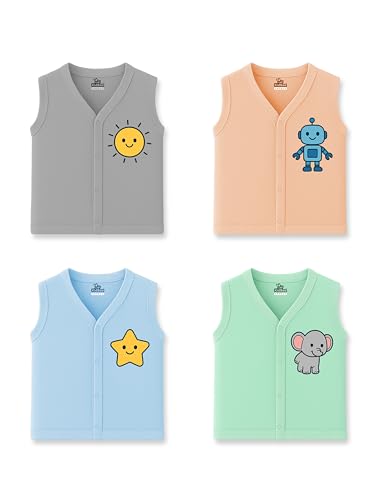 Image of Kidbee Baby Cotton Sleeveless Front Open Jabla - Pack of 4 | Soft V-Neck Button Tops for Newborn & Infant