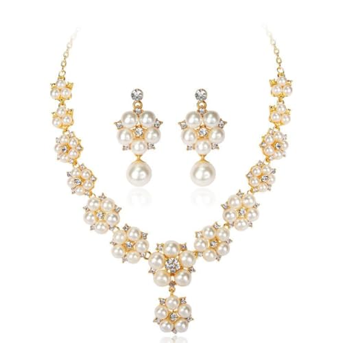 Hanaoops Ensemble de Bijoux pour Femmes Parure Bijoux Mariage 2 Pièces Réglable Pendentif Collier Boucles D'oreilles Floral Strass Faux Perle Chaîne Parure...