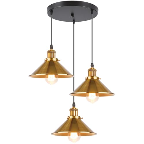 iDEGU 3 Luci Lampadario a Sospensione Vintage Lampada a Sospensione Industriale Stile Edison E27 Plafoniera Lampada da Soffitto per Sala da Pranzo Soggiorno Cucina Bar, 22CM (3 Luci Piatto, Oro)