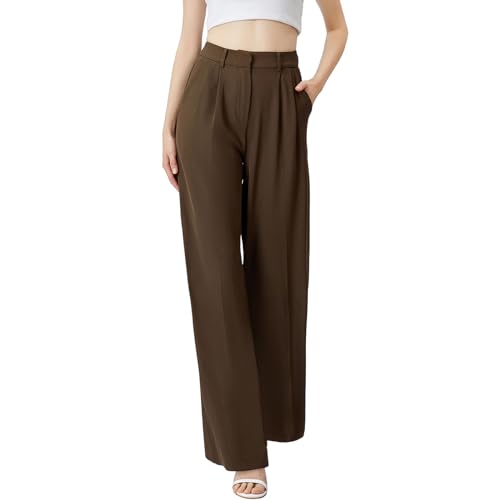 Wide Leg Pants for Women | High Waisted Trousers with Pockets | Comfortable Work Pants | Business Casual Pants | Women's Pants and Sizes Brown