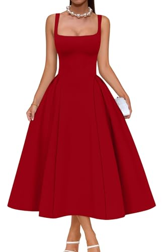 Memoriesea Women's Elegant Square Neck Swing A Line Wedding Evening Party Midi Dress Red