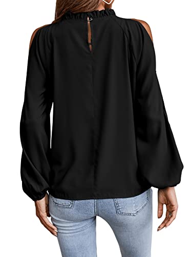 SweatyRocks Women's Casual Long Lantern Sleeve Cold Shoulder Top Cut Out Ruffle Trim Blouse2