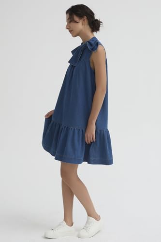 Denim Dress for Women Summer Sleeveless Mock Neck Ruffle Hem Babydoll Jean Dress with Bow4