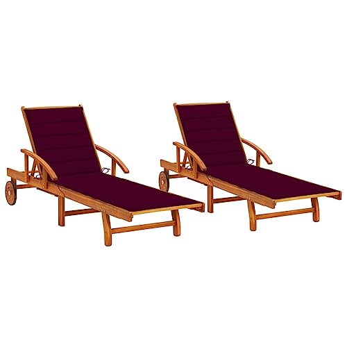 Wynira Tumbonas de 2 piezas con cojines de madera maciza de acacia, ajustables y plegables, resistentes a la intemperie, para jardín, terraza, balcón y piscina, incluye cojines en color rojo vino