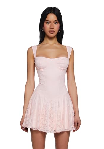 Dolls Kill Perfect Date Mini Dress by Sugar Thrillz – Lace Overlay Bustier Dress with Rosebud Detail and Flowy Skirt – Pink, Small