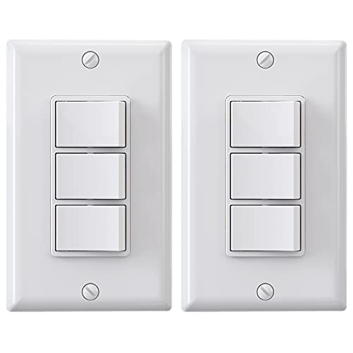 ELEGRP Decorator Triple Rocker Light Switch, Electrical Three Single Pole Paddle Switch, 15A, 120V, in-Wall On/Off, Self-grounding, Wall Plate is Included, UL Listed (2 Pack, Glossy White)