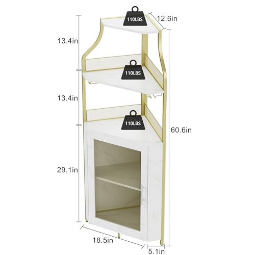 GarveeHome Corner Bar Wine Cabinet with LED Lights, 5-Tier Industrial Wine Cabinet with Glass Holder, Modern Liquor Cabinet with Adjustable Shelf, Home Bar Cabinet with Mesh Door, Gold - Image 3