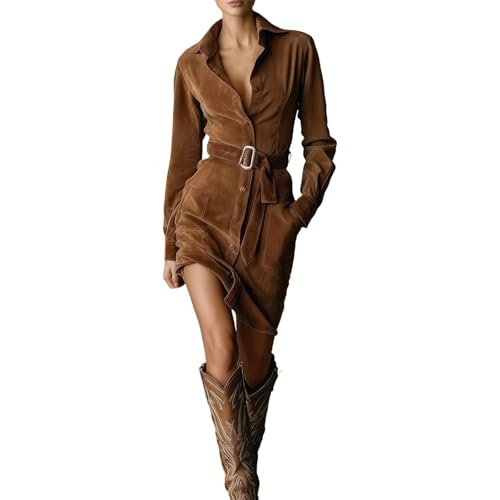 Robe en daim à manches longues pour femme, style vintage, moulante, élégante, cowgirl occidentale, automne et hiver, tenue rétro en suédine, tenue de bal...