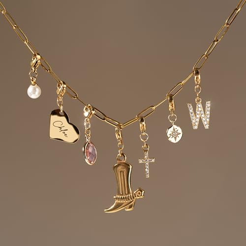 MignonandMignon Custom Gold Charm Necklace Personalized Gifts for Mom from Daughter, Grandma Necklace Engravable Charms, Unique Jewelry Gift for Her -P-CHARM-MIX-N3