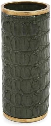 Howard Elliott Hemingway Cylinder Vase for Centerpiece, Green Alligator Texture Accent Table Vase with Gold Polished Edge for Home, Console Table, Entryway & Living Room, 4.5 x 4.5 x 10 Inches