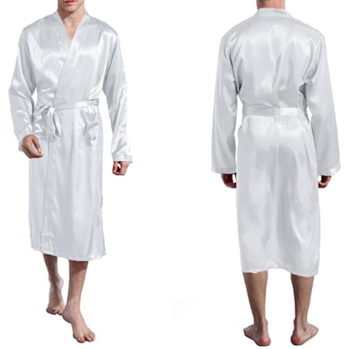 Men's Satin Kimono Bathrobe Lightweight Spa House Soft Robe Fall Winter Classic Long Sleepwear Loungewear with Pocket