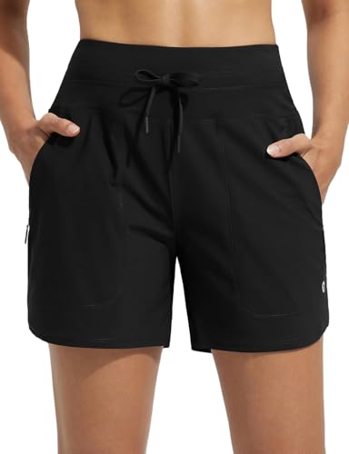 baleaf 5' Damen Badeshorts UPF50+ Badehosen schnelltrocknend Strandshorts mit Reißverschlusstasche Swimmingshorts Hohe Taille Schwarz L