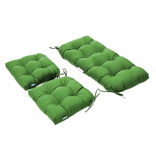 Image of QILLOWAY Outdoor Patio Cushions Set of 3, Wicker Furniture Cushions with Ties, Waterproof Loveseat & Seat Cushions for Patio Bench, Porch Chair, Outdoor Replacement Cushions, Green