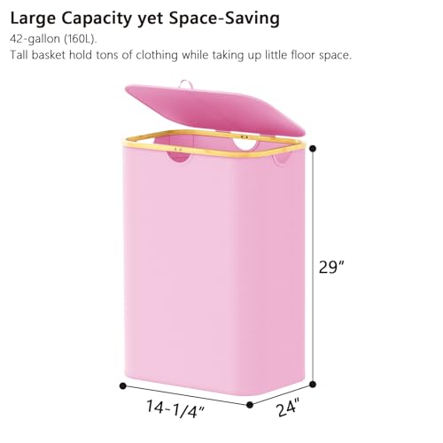 SpaceAid Double Laundry Hamper 2 Section with Lid and Removable Laundry Bags, 160L Clothes Basket with Bamboo Handles, Large Collapsible Hamper for Bedroom, Bathroom, Dorm, Laundry Room - Pink