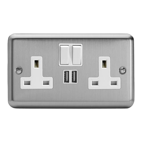 Varilight Double Switched Socket With USB Charging - Value Matt Chrome With White Insert