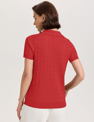 Image of Micoson Womens Short Sleeve Sweater Tops Lapel V Neck Polo Shirts 2026 Summer Cable Knit Loose Blouse Business Casual Outfits
