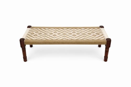 Image of Handwoven Wooden Bench | Traditional Rope Charpai Stool | Solid Wood Frame Seating for Living Room, Balcony & Outdoor | Durable & Stylish Design (White with Jute)