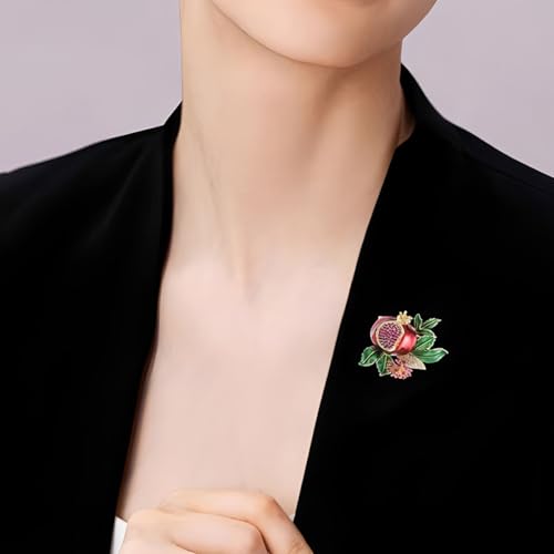 Image of luxurious pomegranate flower women brooch inlaid with cubic zirconia exquisite enamel fruit ruby and green leaf design backpack badge jacket hat dress anti light pin birthday jewelry gift